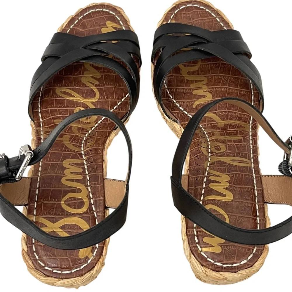 Sam Edelman Darline Black Leather Wedge Espadrilles Sandals - Picture 8 of 11